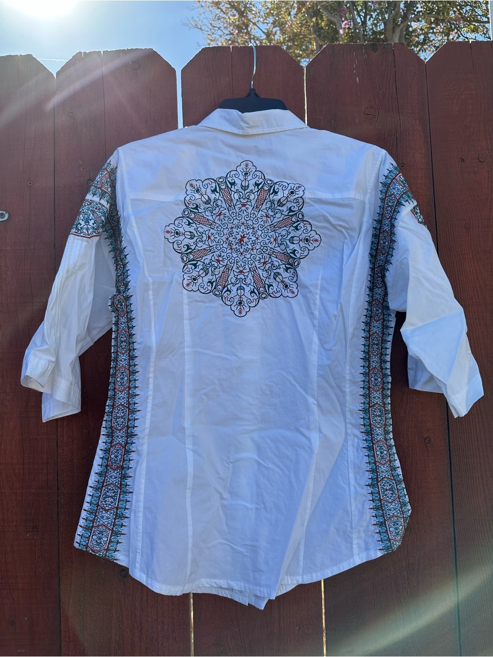 White Embroidered Women’s Shirt with Blue & Coral Accents